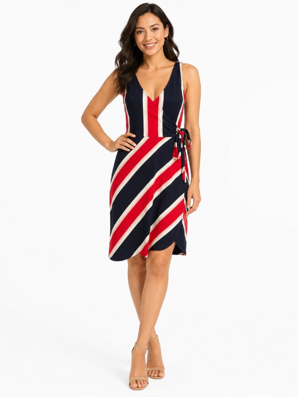 Express Striped Faux Wrap High Low Summer Dress Navy Red White Size S